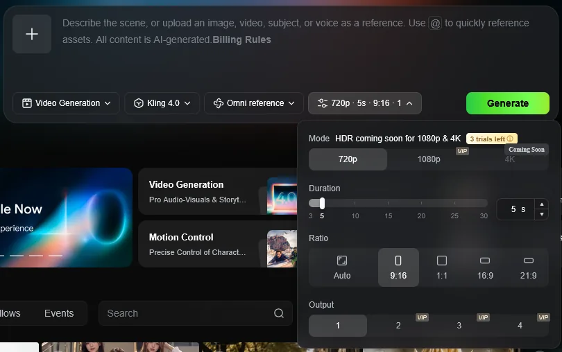 Настройки ролика в Kling AI: 720p выбрано, 1080p с пометкой VIP, 4K Coming Soon, длительность 5 s, формат 9:16, Output 1