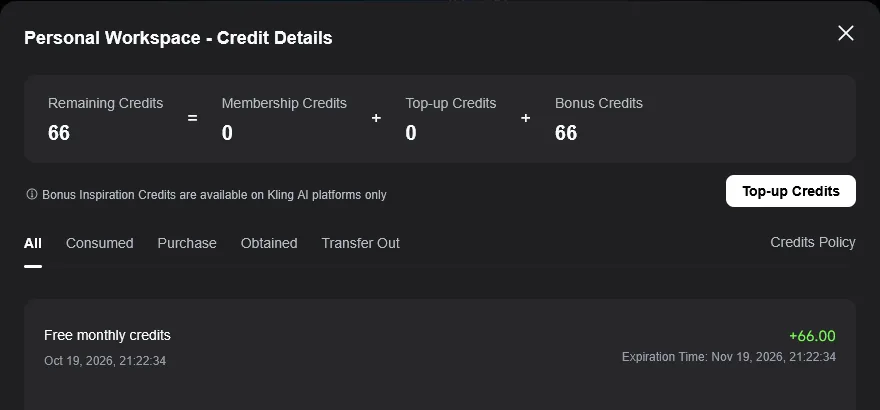 Окно Credit Details в Kling AI: Remaining Credits 66, Bonus Credits 66, строка Free monthly credits +66.00 со сроком до Nov 19, 2026
