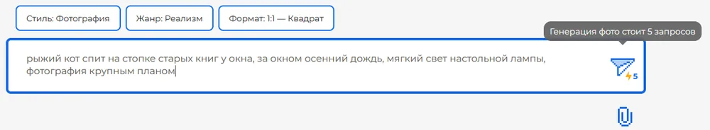 DeepChat: фраза в поле запроса, над кнопкой отправки подсказка «Генерация фото стоит 5 запросов»