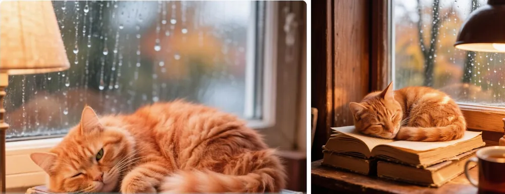 Две картинки ГигаЧата по одной фразе: слева кот на подоконнике без книг, справа кот на раскрытой книге у окна