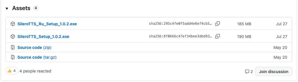 Список файлов релиза v5.6 на GitHub: два установщика SileroTTS_Ru_Setup_1.0.2.exe на 185 МБ и SileroTTS_Setup_1.0.2.exe на 190 МБ